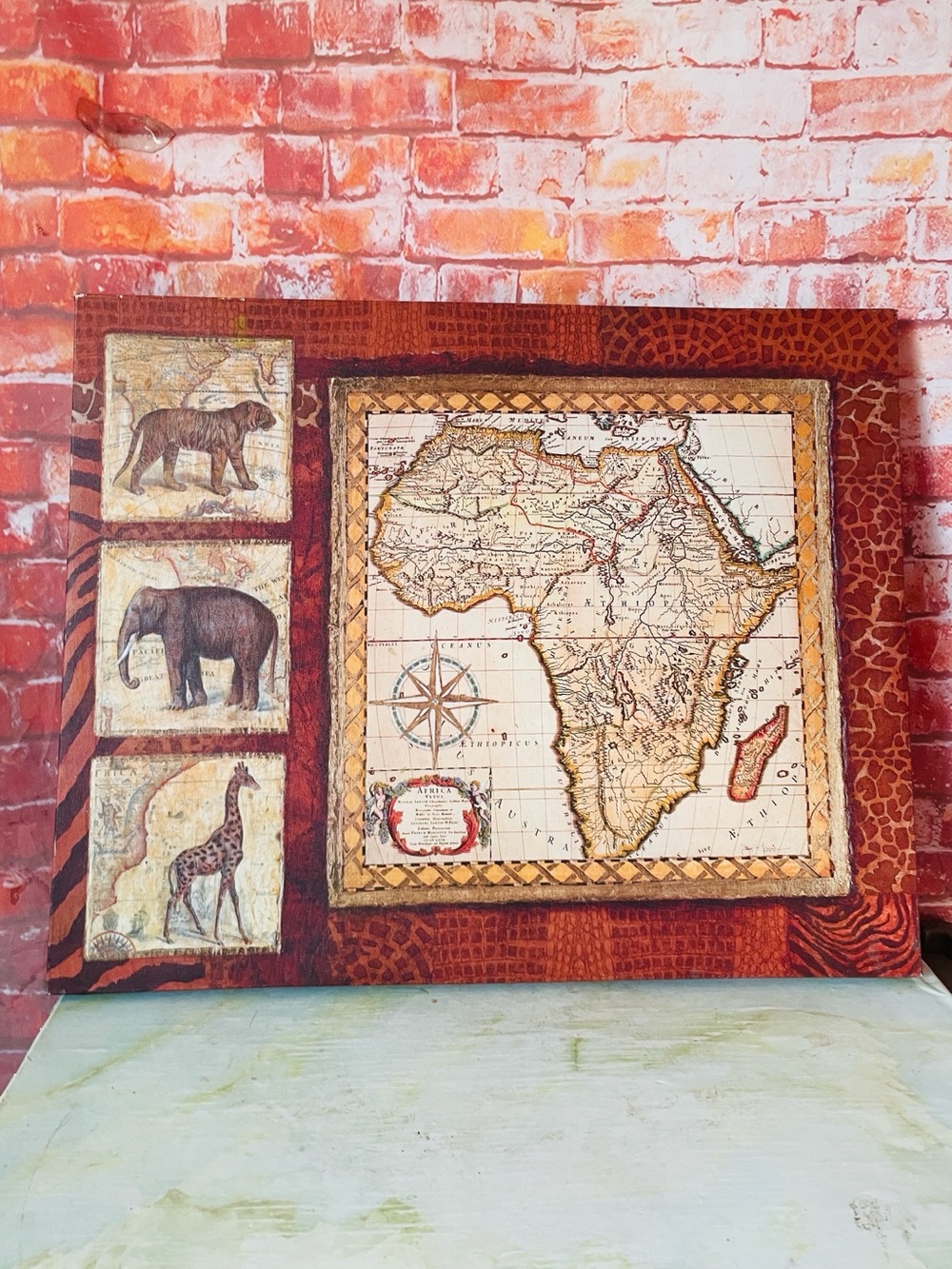 Vintage 90s African Map and Animal Exotic Canvas Wall Art